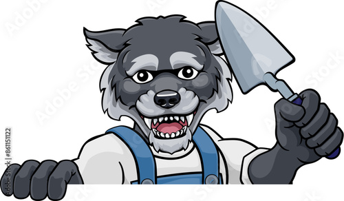 A wolf bricklayer builder construction worker mascot cartoon character holding a trowel tool and peeking over a sign