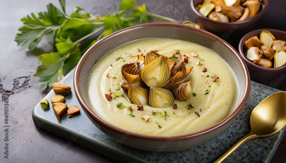 A dish served in an exclusive and expensive restaurant Creamy Jerusalem artichoke soup with roasted oil A dish served in an exclusive and expensive restaurant Creamy Jerusalem artichoke soup with roasted oil