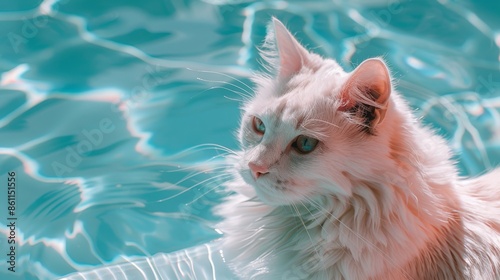 A cute tabby cat swimming in the water