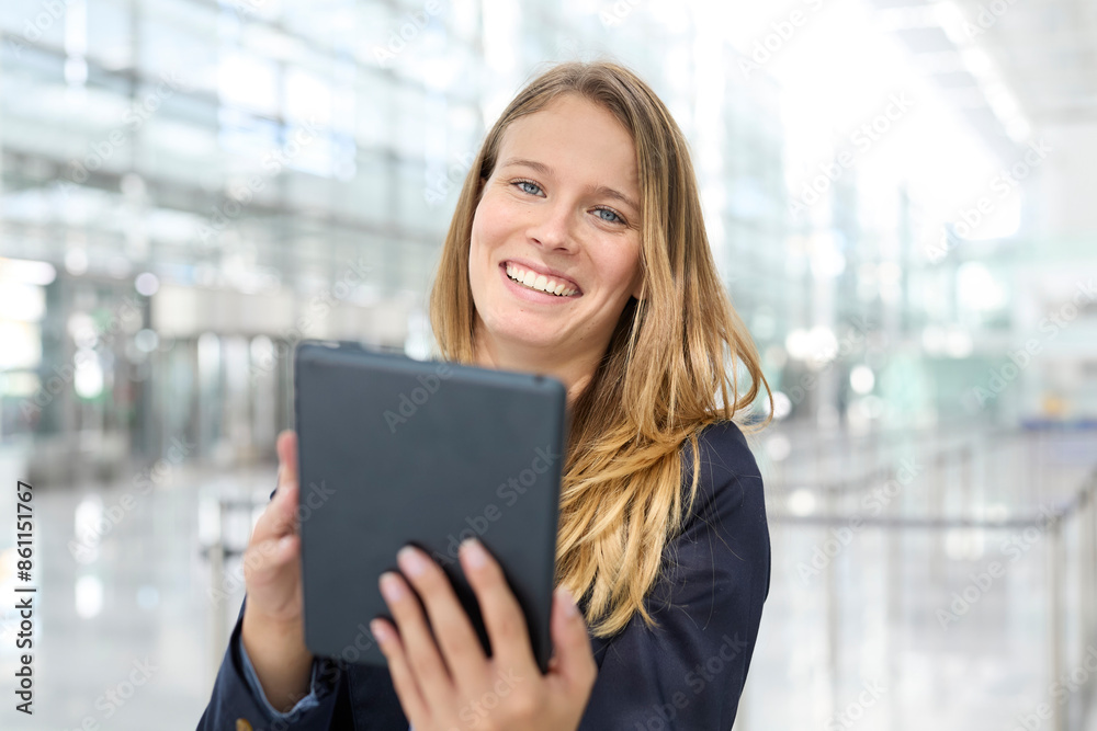 Smiling businesswoman with tablet PC at airport Smiling businesswoman with tablet PC at airport