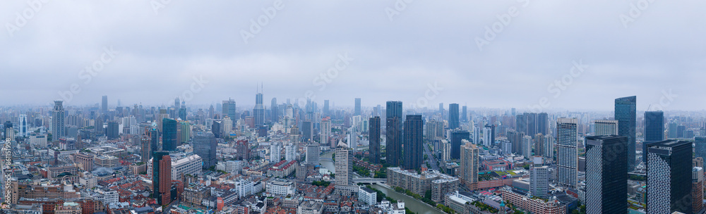 Aerial view of heavily polluted city skyline and buildings at sunrise in Shanghai Aerial view of heavily polluted city skyline and buildings at sunrise in Shanghai