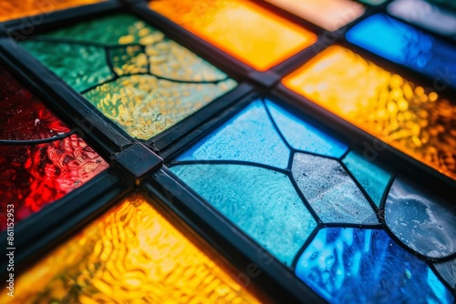 Detailed close-up of vibrant stained glass windows with primary colors, showcasing intricate patterns and beautiful craftsmanship