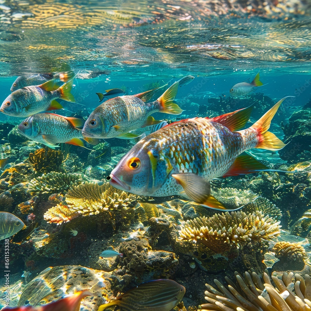 Naklejka premium An underwater scene with fish swimming in unusually warm waters