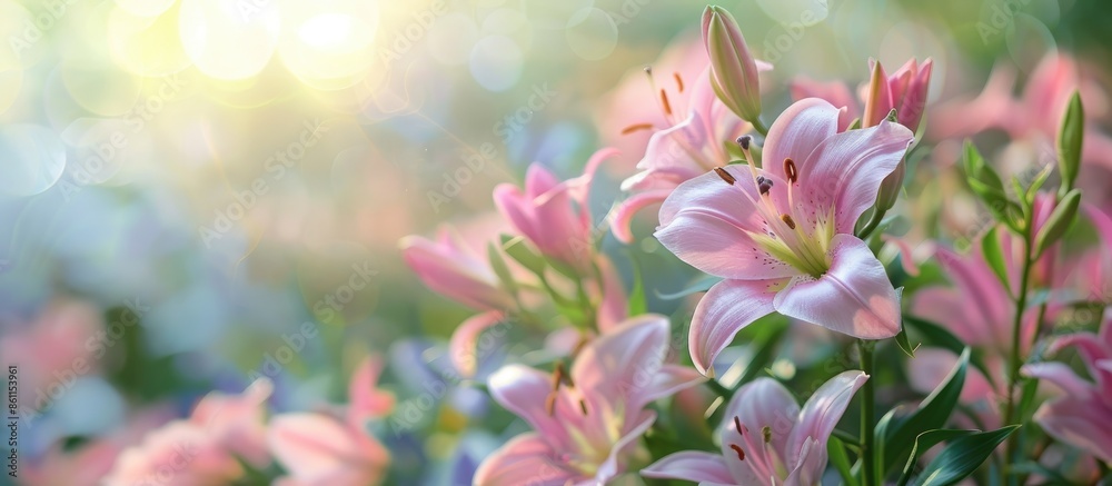 Lily in the garden in the early morning pastel background. Copy space image. Place for adding text and design Lily in the garden in the early morning pastel background. Copy space image. Place for adding text and design