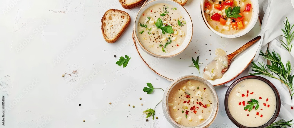 Flat-lay of creamy homemade soup in plates with bread slices over white plain table background, top view, copy space. Autumn Winter creamy vegan soups, vegetarian food menu, comfort food concept Flat-lay of creamy homemade soup in plates with bread slices over white plain table background, top view, copy space. Autumn Winter creamy vegan soups, vegetarian food menu, comfort food concept