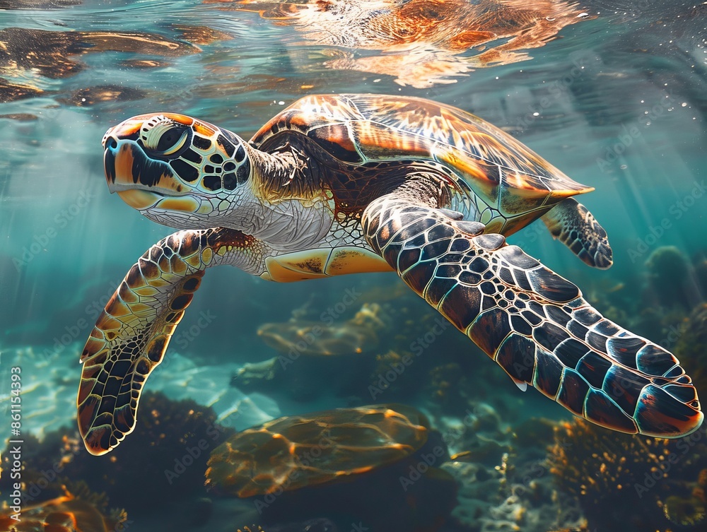Fototapeta premium A serene underwater scene with sea turtles gliding gracefully,