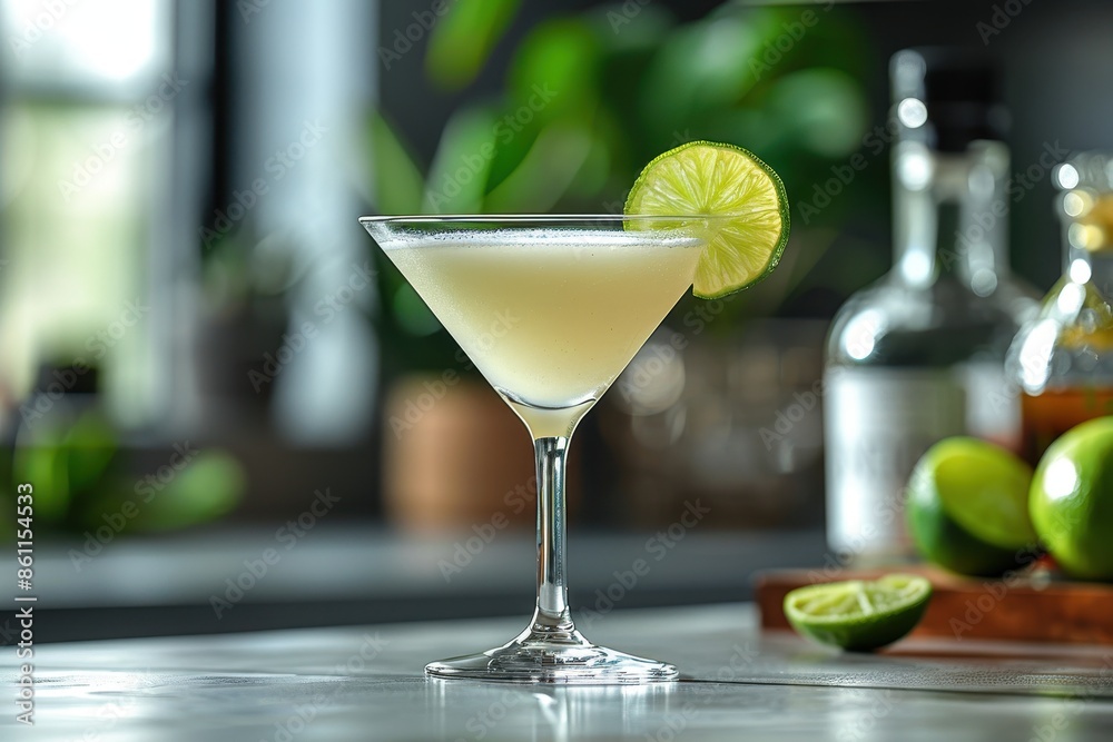 A classic daiquiri cocktail in a chilled martini glass, garnished with a lime wheel on the rim. A classic daiquiri cocktail in a chilled martini glass, garnished with a lime wheel on the rim.