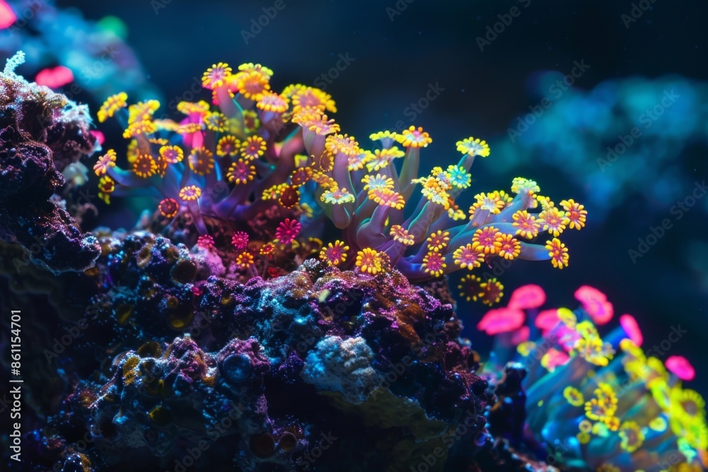 Fototapeta premium image of neon multicoloured corals growing on rock environment.