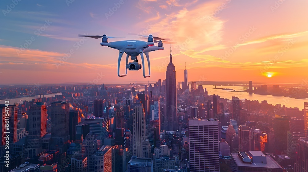 Vibrant Cityscape Captured by Hovering Drone at Sunset with Expansive Copy Space Vibrant Cityscape Captured by Hovering Drone at Sunset with Expansive Copy Space