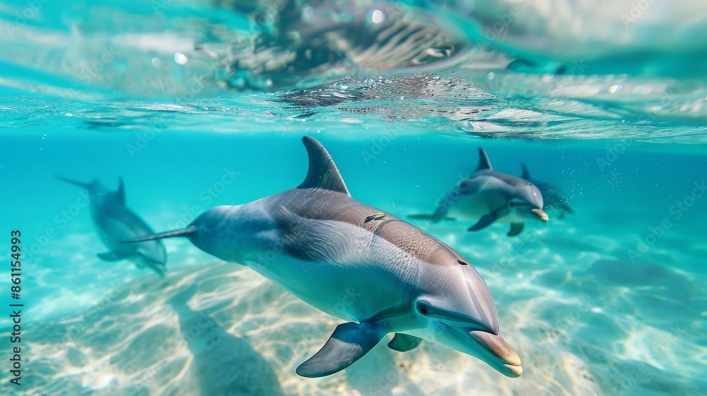 A dynamic image of a dolphin pod swimming in crystal-clear waters A dynamic image of a dolphin pod swimming in crystal-clear waters