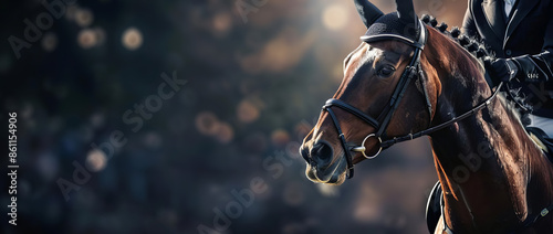 Close-up shot of a rider on a bay horse in the saddle, Equestrian sports, Horse riding photo