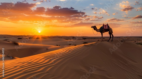 Bedouin with camel silhouette in sand dunes of Thar desert at sunset, Rajasthan, India