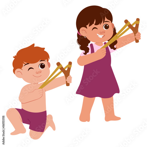 Happy Kids Playing Slingshot Illustration