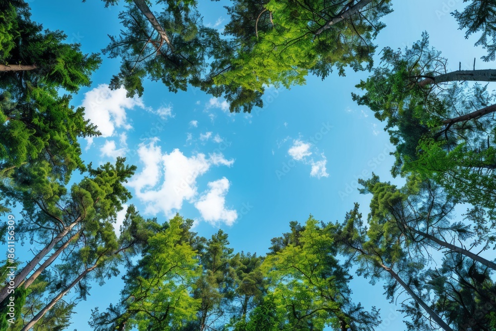 image of tall trees forming heart shape against blue sky. Sustainability concept. image of tall trees forming heart shape against blue sky. Sustainability concept.