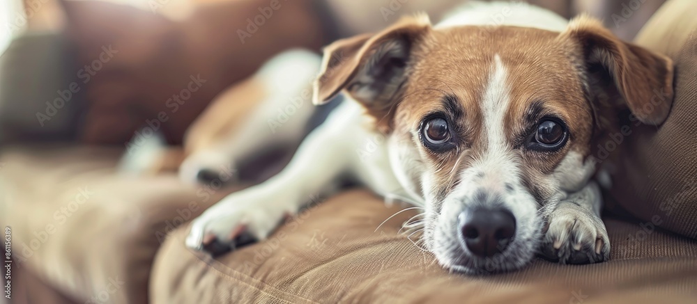 Dog with head cocked sitting on sofa at home. Copy space image. Place for adding text and design Dog with head cocked sitting on sofa at home. Copy space image. Place for adding text and design