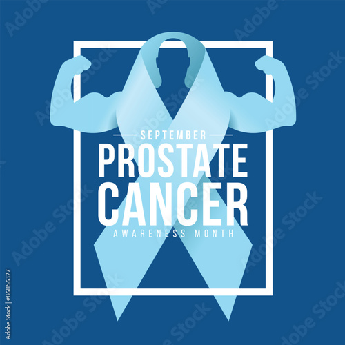 September is Prostate cancer awareness month text in white frame with light blue ribbon awareness sign is muscle men symbol on blue background vector design