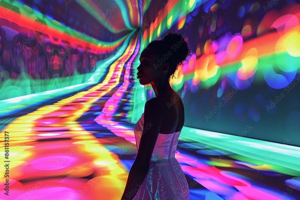 image of young woman with dark skin tone and her avatar standing on multicoloured ramp. Metaverse concept. image of young woman with dark skin tone and her avatar standing on multicoloured ramp. Metaverse concept.
