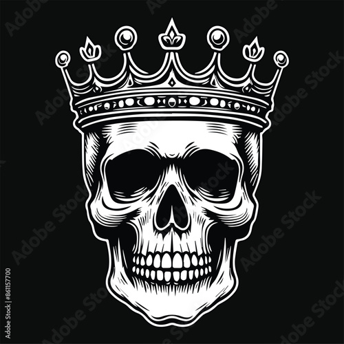 Dark Art Skull Head King Crown Black and White Illustration