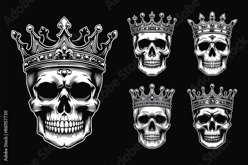 Dark Art Skull Head King Crown Black and White Illustration