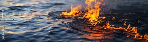 Environmental Crisis: Burning Oil Slick on Water - Industrial Accident Disaster