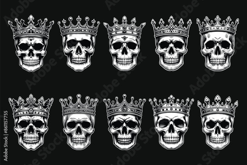 Dark Art Skull Head King Crown Black and White Illustration