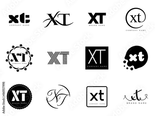 XT logo company template. Letter x and t logotype. Set different classic serif lettering and modern bold text with design elements. Initial font typography.