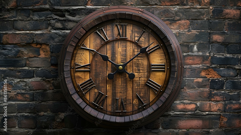 Fototapeta premium A clock mounted on a brick wall, displaying the time.