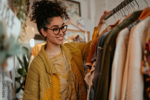 Young Woman Browsing Clothes at a Vintage Clothing Store photo