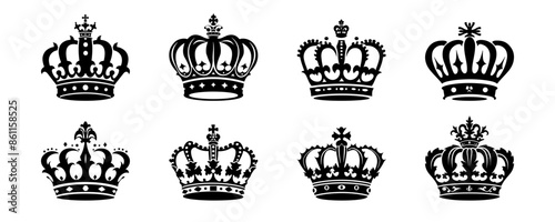 Collection of Eight Black Silhouette Crowns in Various Designs on a White Background