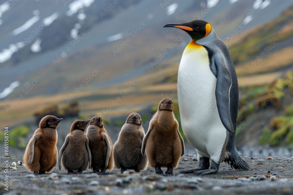 Fototapeta premium King Penguins (Aptenodytes patagonicus) Adult with chicks, South Georgia Island