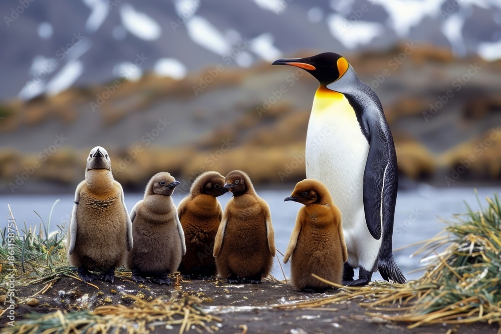 Obraz premium King Penguins (Aptenodytes patagonicus) Adult with chicks, South Georgia Island