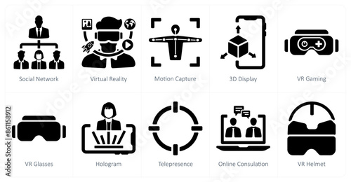 A set of 10 Virtual Reality icons as social network, virtual reality, motion capture