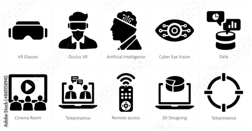 A set of 10 Virtual Reality icons as vr glasses, oculus vr, artificial intelligence