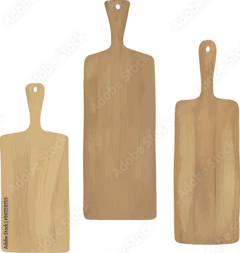 Vector Watercolor illustration, wooden, 
cutting board, 
kitchenware, tableware, utensils, set for creative cooking, utensils. Invitation, greeting cards, birthday, event, holiday, menu; cooking class