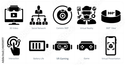 A set of 10 Virtual Reality icons as 3d video, social network, camera 360
