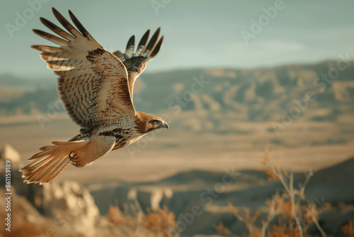 Red-tailed hawk soaring over desert canyon at sunset photo