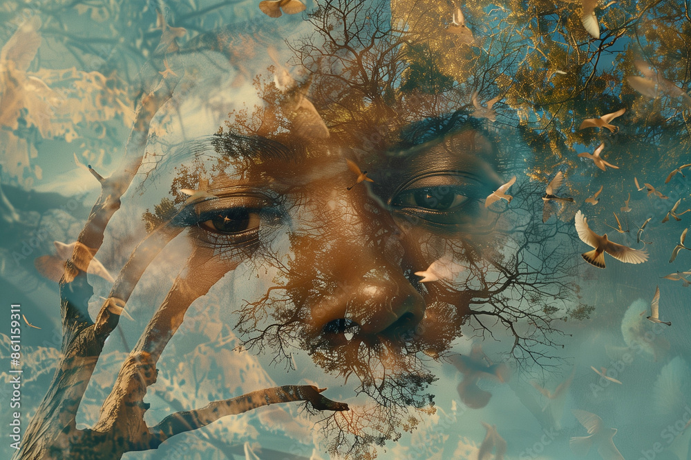 Surreal image of a face merged with a tree and birds, creating a ...