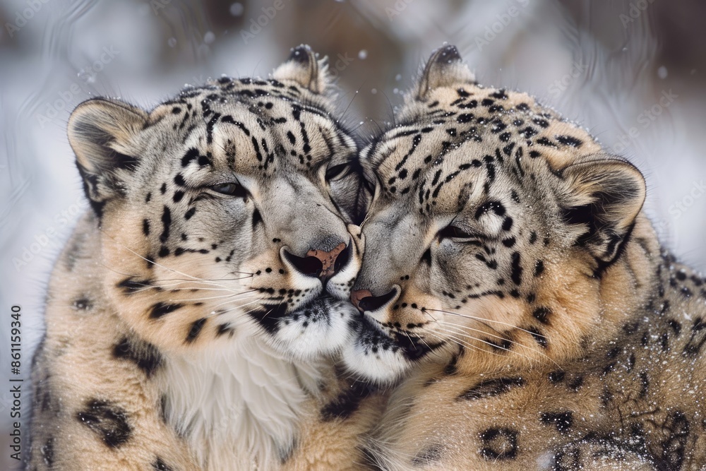 Obraz premium Male and female snow leopard sharing tender moment.