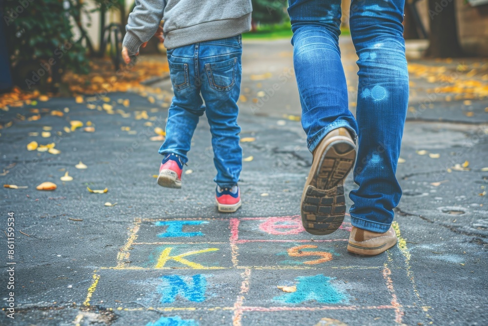A Father and Son Playing Hopscotch on a Fall Day A Father and Son Playing Hopscotch on a Fall Day