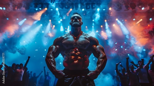 Muscular Bodybuilder Posing on Vibrant Stage with Crowd