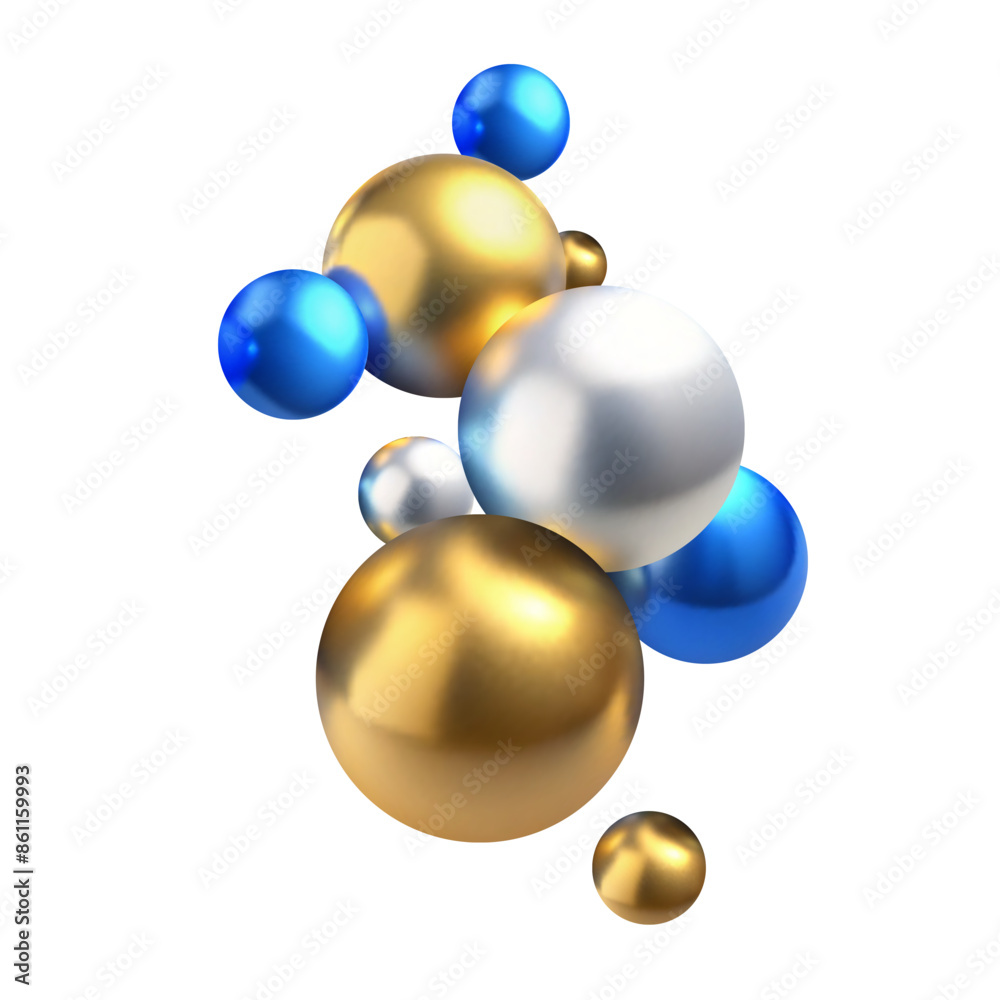 Abstract 3D background with flying realistic balls of gold, silver and blue colors Vector. Glossy 3D spheres composition. Trendy modern design for poster, banner, web design.Realistic balls design Abstract 3D background with flying realistic balls of gold, silver and blue colors Vector. Glossy 3D spheres composition. Trendy modern design for poster, banner, web design.Realistic balls design