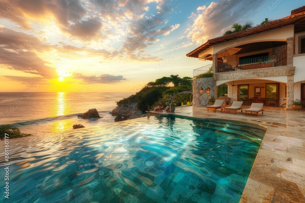 Obraz premium Luxury Villa with Infinity Pool Overlooking Sunset Ocean