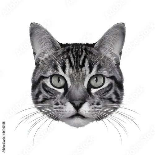 A real cat head only, monochrome, white background.