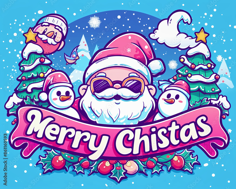 A cartoon style with the words Merry Christmas with santa-cluse wear sunglass,with background snowman and pine tree with show on blue background A cartoon style with the words Merry Christmas with santa-cluse wear sunglass,with background snowman and pine tree with show on blue background