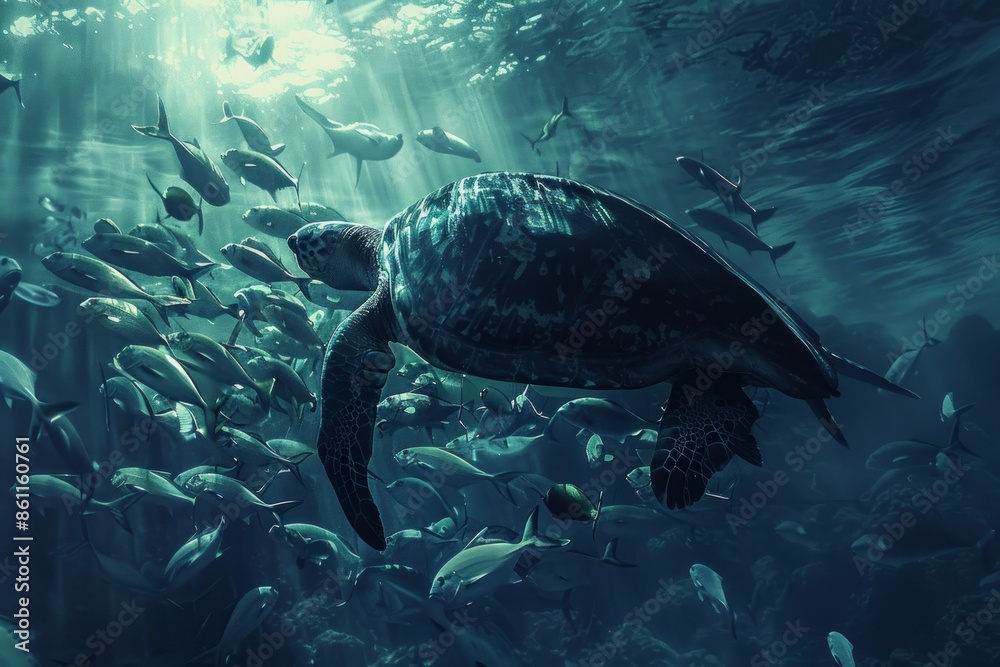 Fototapeta premium Pacific leatherback turtle swimming with a school of fish.