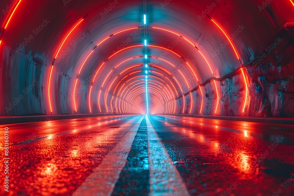 Naklejka premium Futuristic Neon Tunnel with Vibrant Red and Blue Lights - Perfect for Modern Design