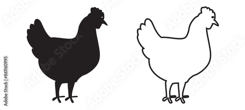 Chicken or hen black silhouette. Farm bird icon. Poultry symbol. Vector illustration.