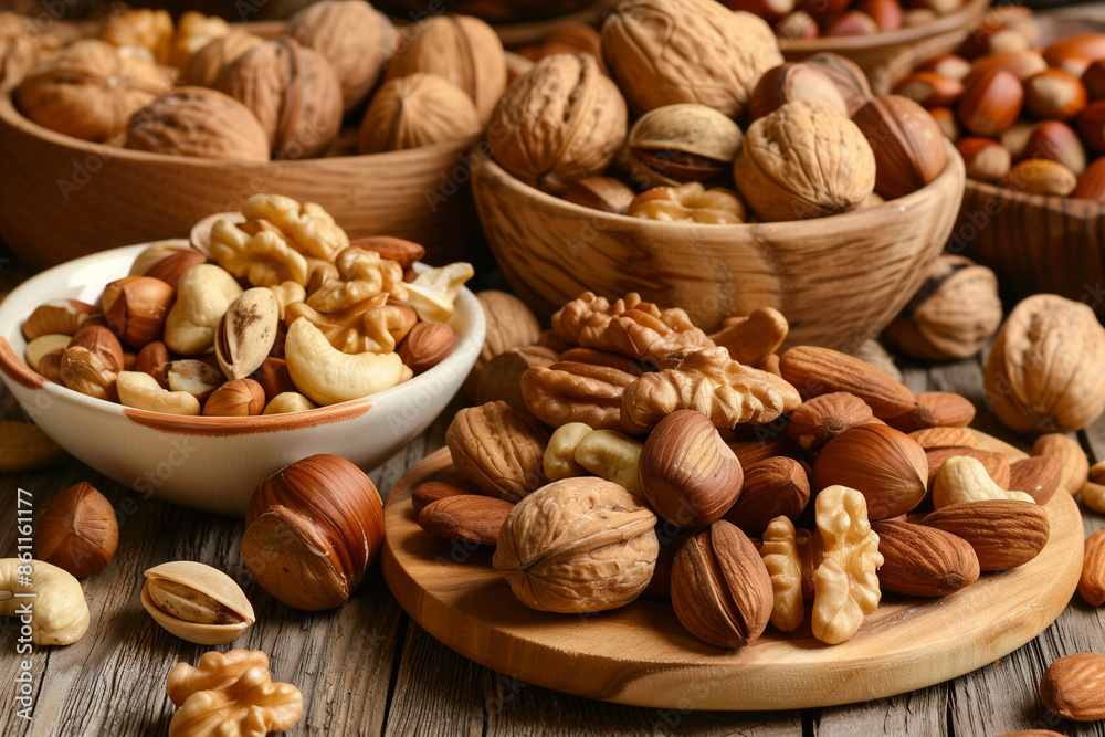 A collection of mixed nuts in wooden bowls on a rustic table, creating a warm and inviting display of healthy snacks A collection of mixed nuts in wooden bowls on a rustic table, creating a warm and inviting display of healthy snacks
