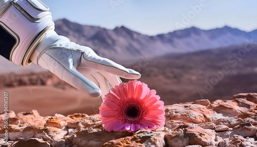 Glove Holding Pink Flower on Rocky Hillside