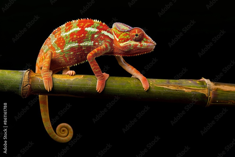 Fototapeta premium Panther Chameleon climbing on a bamboo branch against a black background